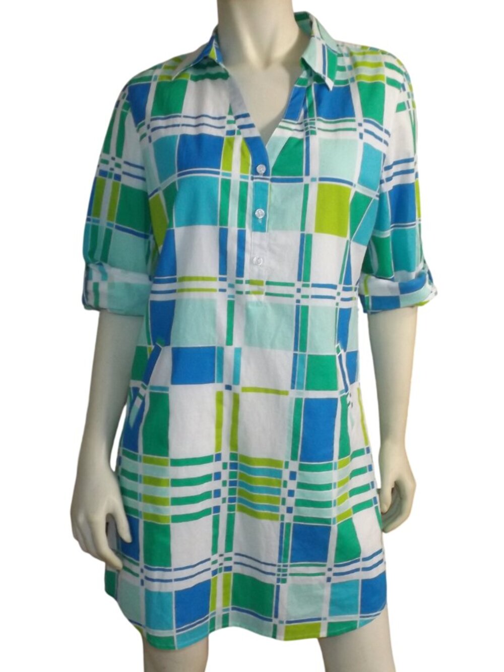 TORI RICHARD Shirt Dress, M, Blues/Greens, Mini, Convertible sleeve, Pockets